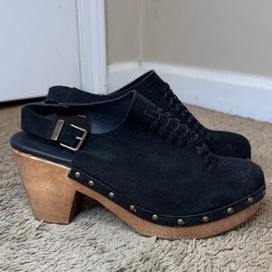 Pilcro Anthropologie Black Suede Women's Clogs Wooden Heel size 8 Boho Festival